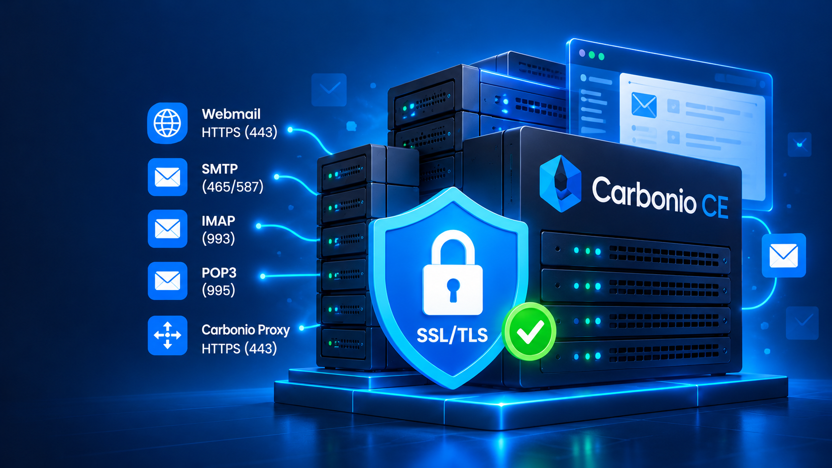 Carbonio CE Mail Server SSL TLS infrastructure protecting webmail, SMTP, IMAP, POP3 and secure mail connections
