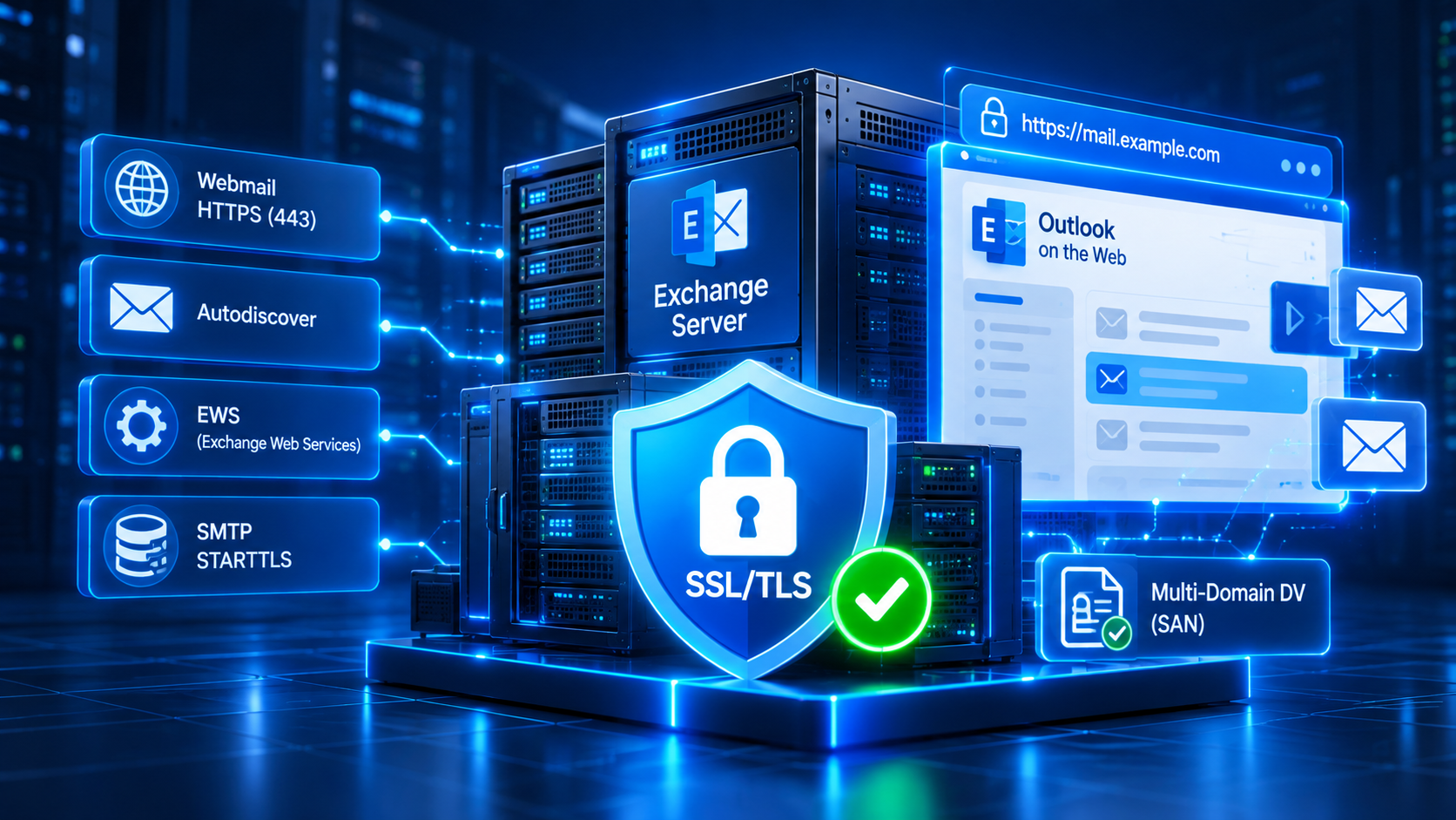 Microsoft Exchange Server infrastructure protected by Multi-Domain SSL TLS, including Outlook on the Web, Autodiscover and Exchange Web Services