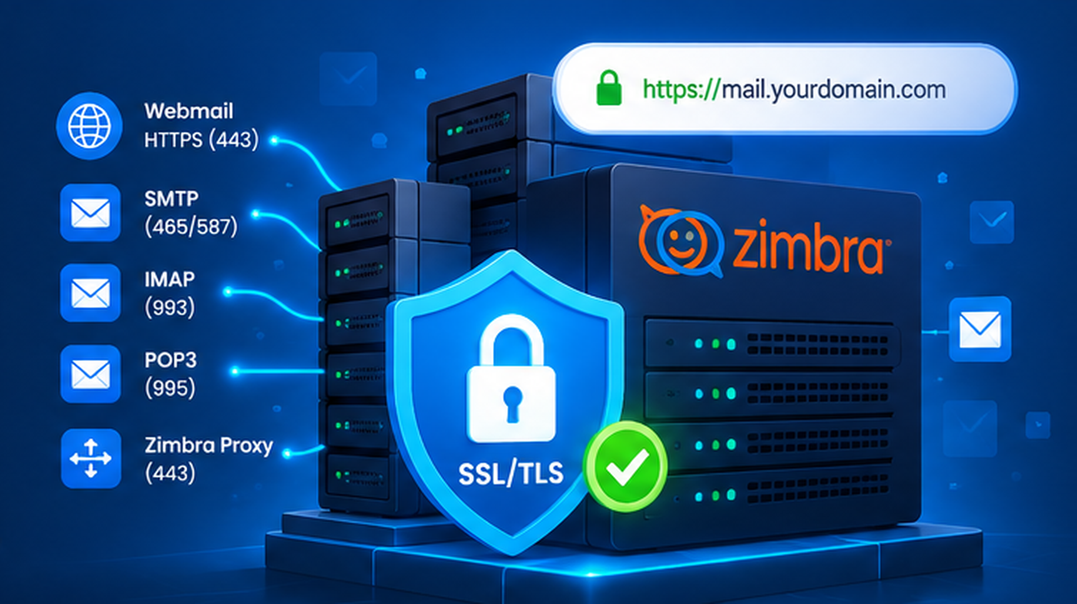 Zimbra Mail Server SSL TLS security infrastructure with Webmail, SMTP, IMAP and POP3 protection
