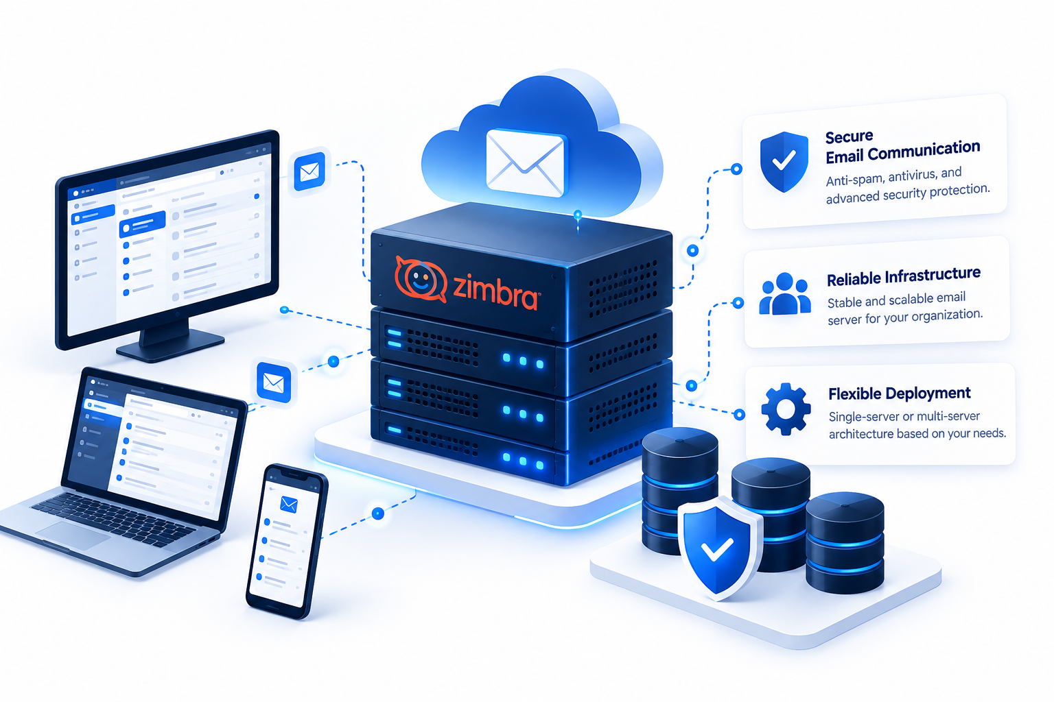 Secure Zimbra enterprise email infrastructure illustration showing mail servers, cloud connectivity, and security protection