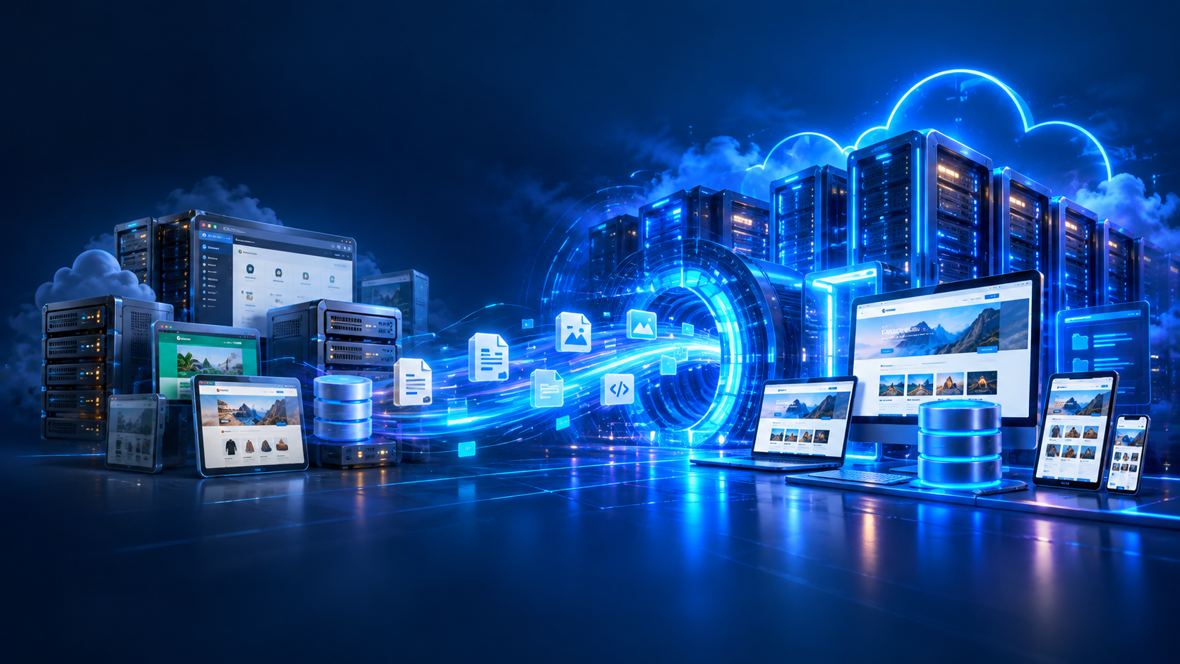 SaadWebId website and hosting migration infrastructure with source servers, data transfer, databases and destination cloud servers